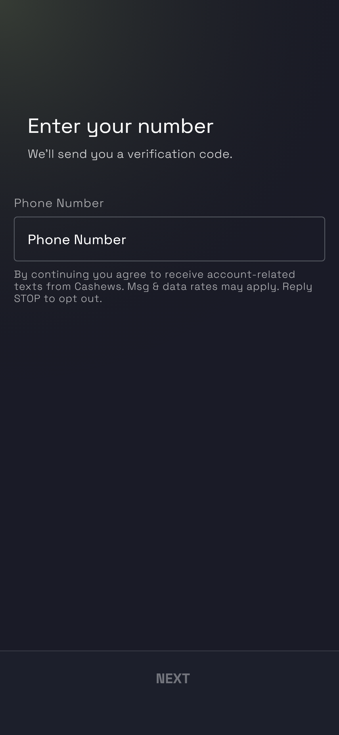 The phone number screen in the Cashews app. Beneath the phone number field it reads: By continuing you agree to receive account-related texts from Cashews. Msg and data rates may apply. Reply STOP to opt out. Below that is the button that sends the passcode.