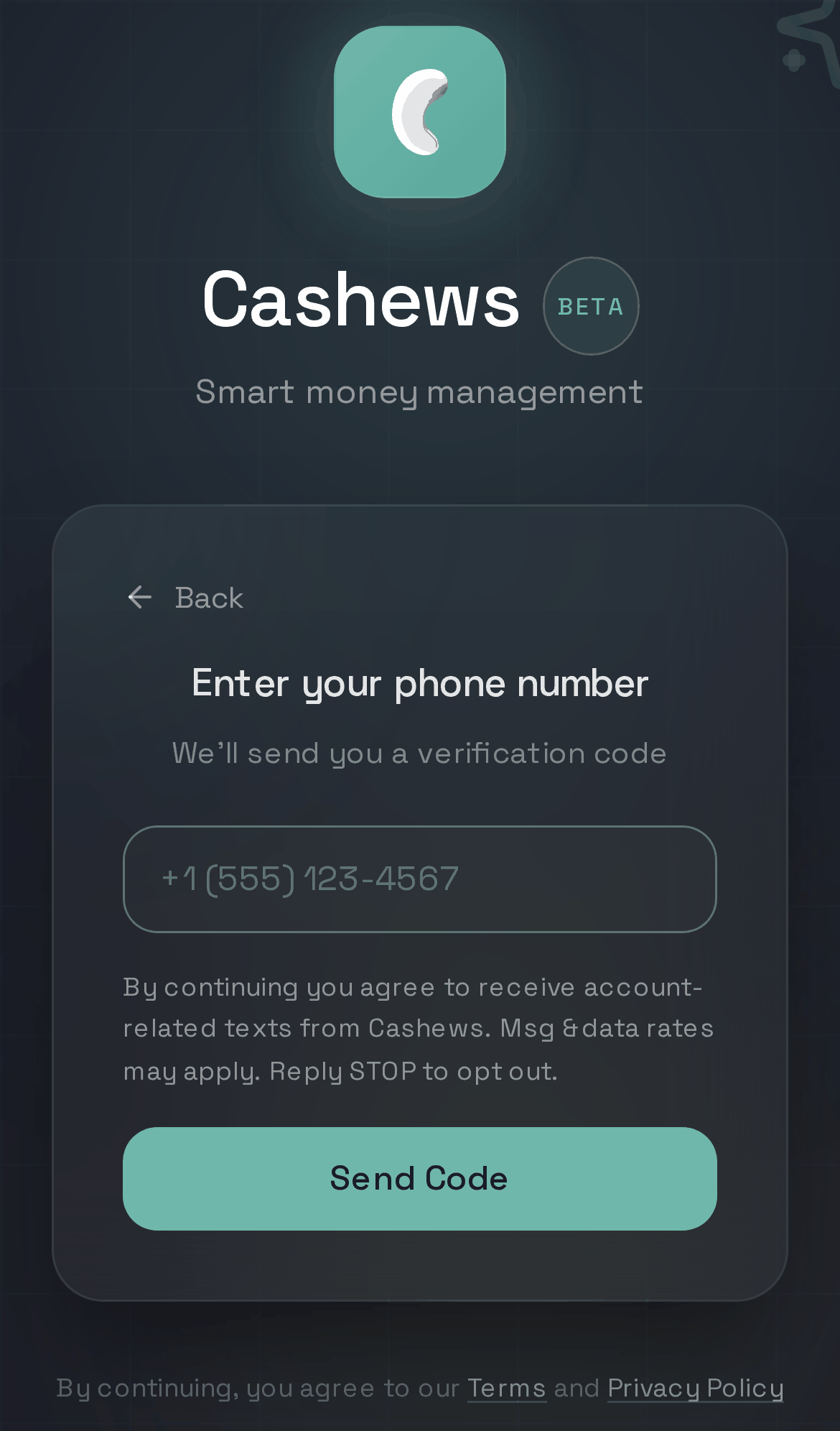 The Cashews phone number screen at app.cashews.finance. Beneath the phone number field it reads: By continuing you agree to receive account-related texts from Cashews. Msg and data rates may apply. Reply STOP to opt out. Below that is the Send Code button.